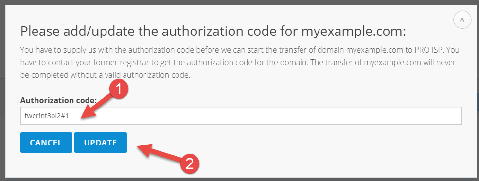 Enter the authorization code for the domain name