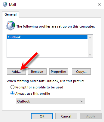 Add or change profiles for Outlook