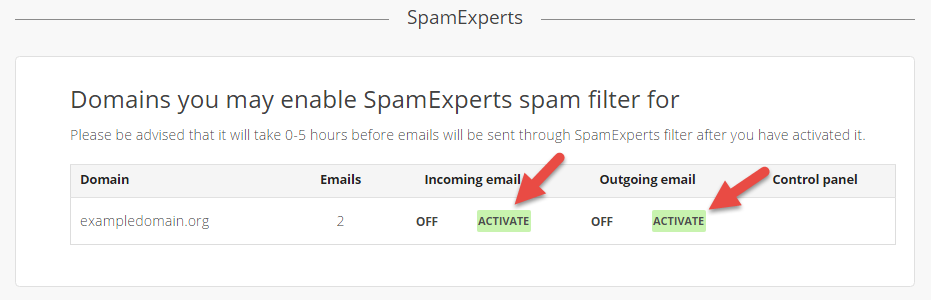 Choose if you want SpamExperts on incoming or outgoing mail