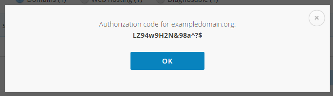 The authorization code for the domain name is displayed.