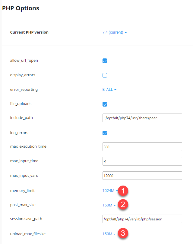 Change PHP ini settings in cPanel control panel