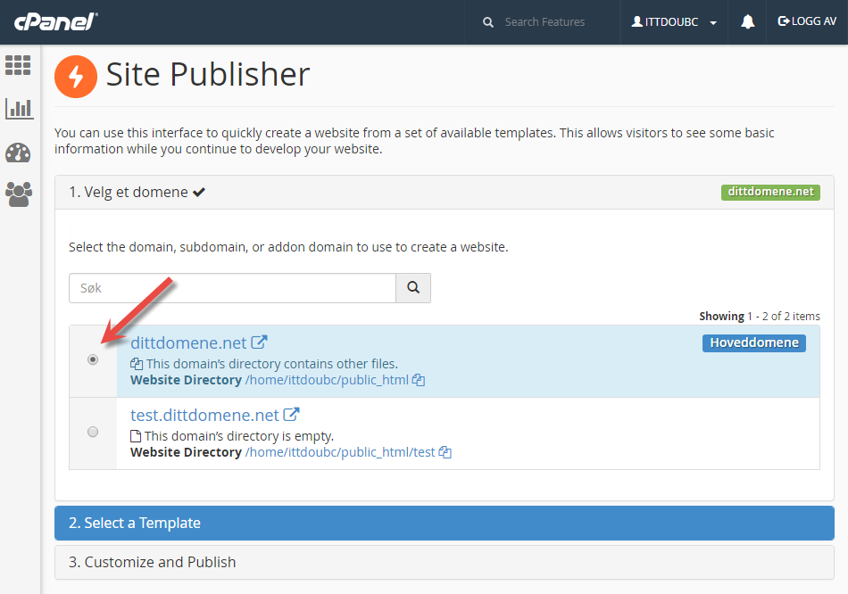 Velg domene i Site Publisher