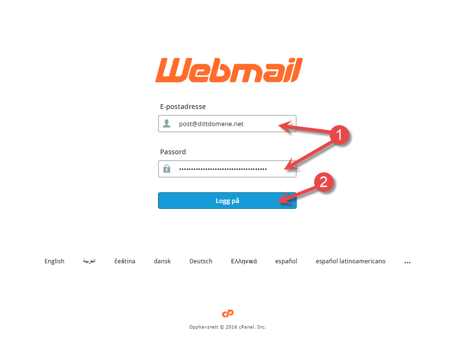 Skriv inn brukernavn/passord til webmail