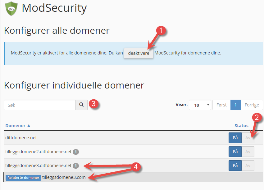 Deaktivere mod_security for domener i cPanel