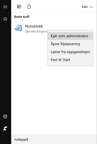 Kjøre Notepad som administrator i Windows 10