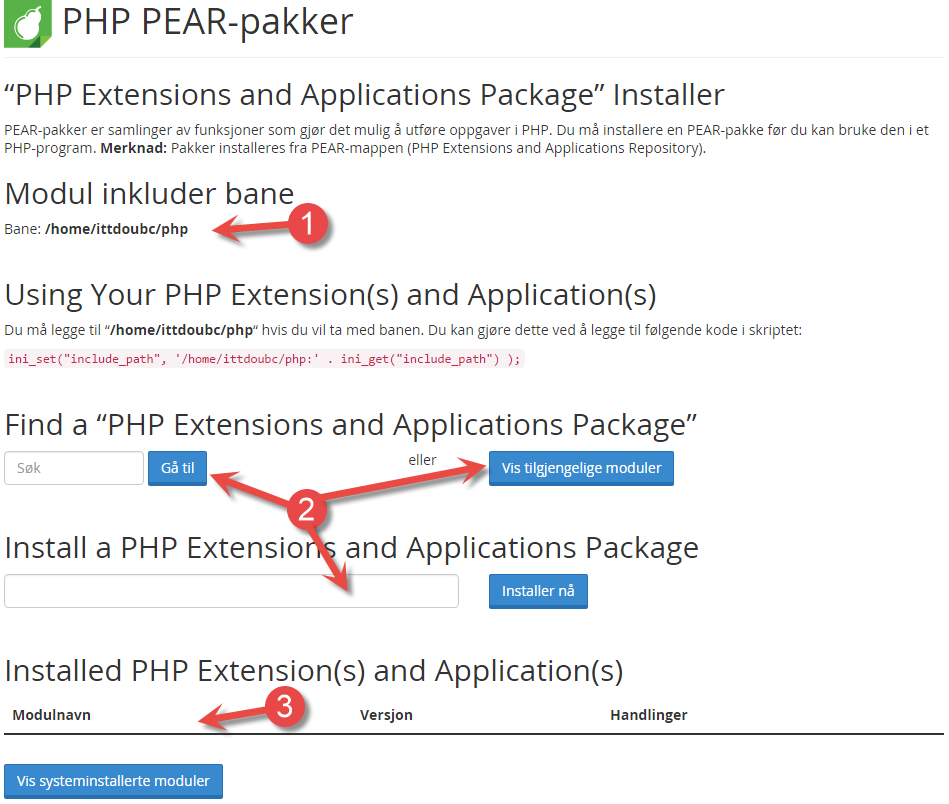 PHP PEAR pakker siden i cPanel