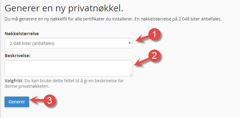 Generer private key for ditt SSL sertifikat via cPanel