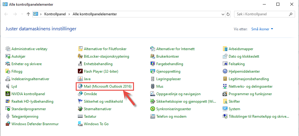 Kontrollpanel Windows - Mail oppsett Outlook 2016
