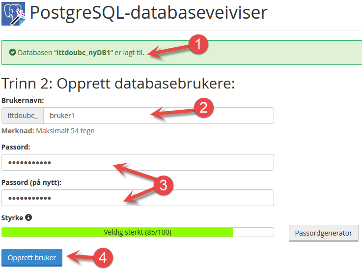 Opprett PostgreSQL databasebruker i cPanel