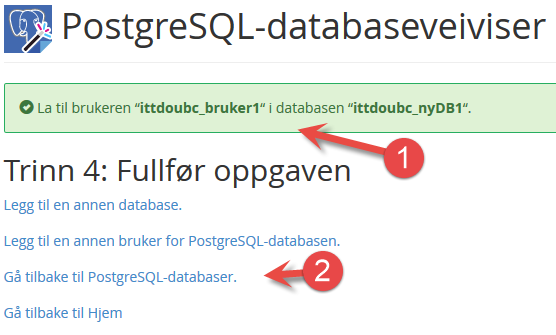 Fullført å legge til bruker til PostgreSQL database i cPanel