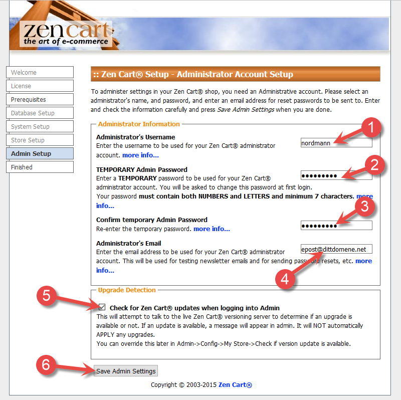 Admin username and password for Zen Cart