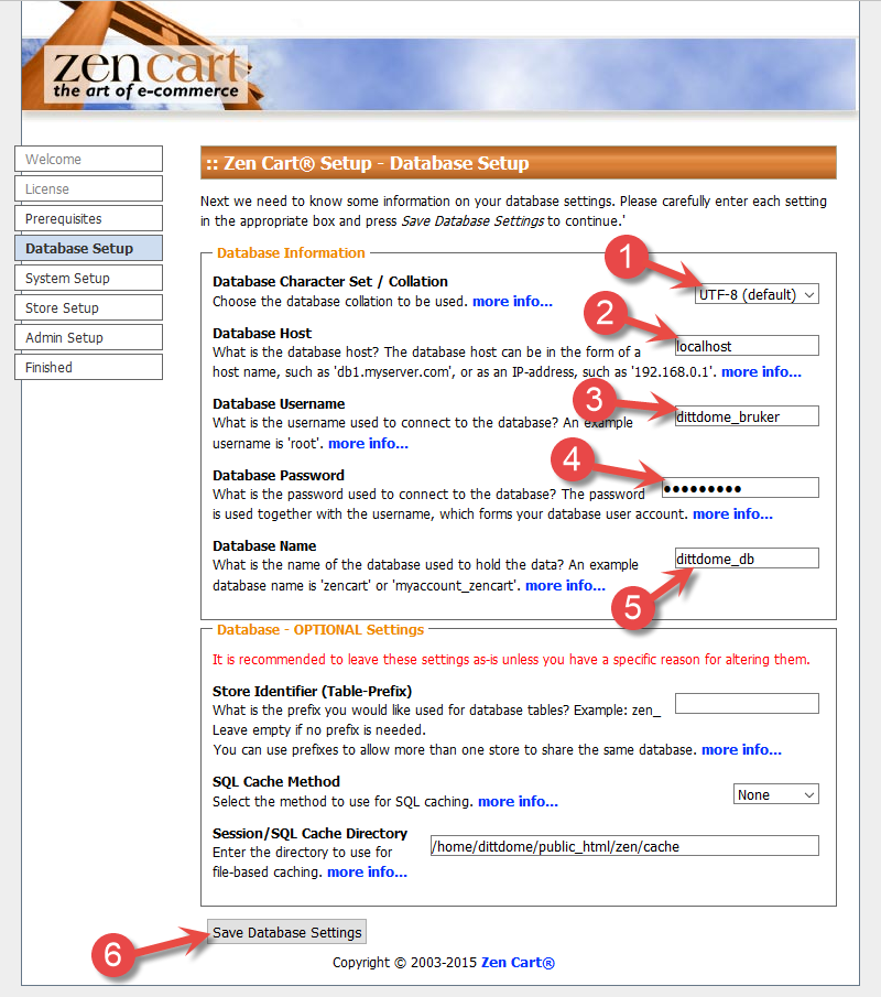 Informasjon for database,bruker og passord til Zen-Cart